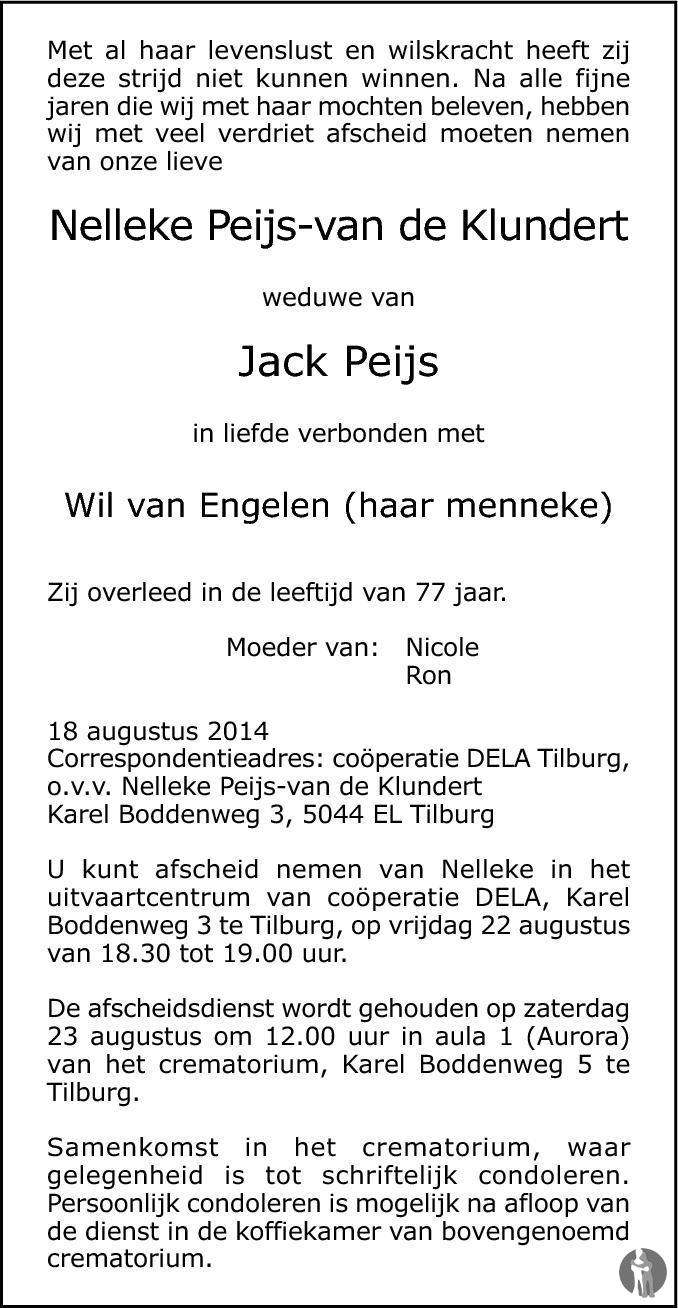Overlijdensadvertentie Nelleke Peijs - van de Klundert